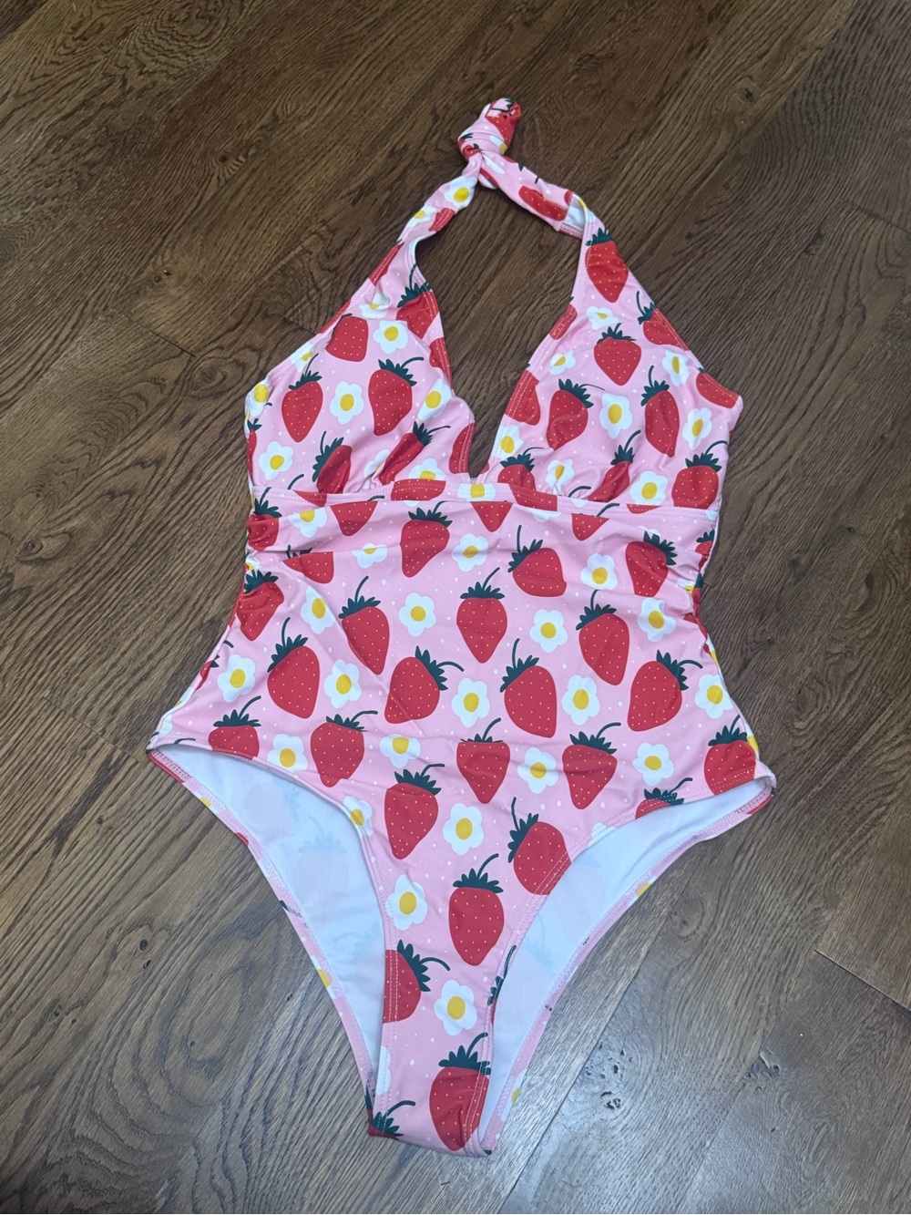 Woman’s Pink Strawberry One-Piece Swimsuit - Halter Style